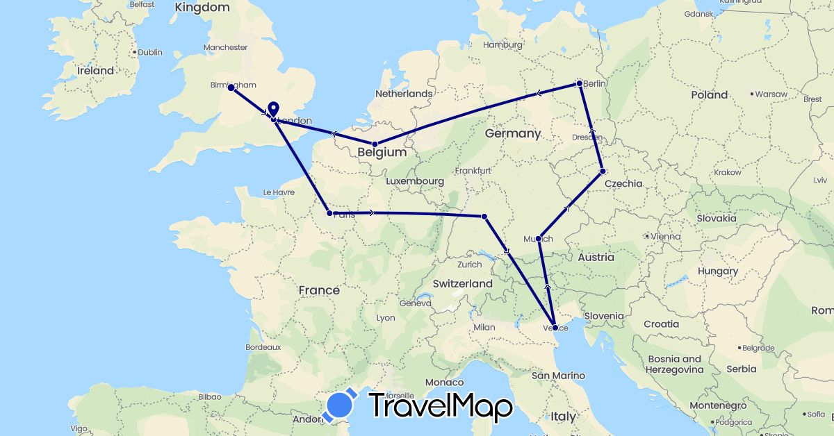 TravelMap itinerary: driving in Belgium, Czech Republic, Germany, France, United Kingdom, Italy (Europe)